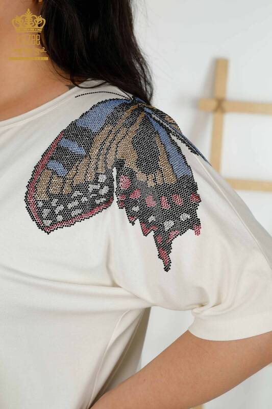 Bluză de damă cu ridicata cu model fluture Ecru - 79154 | KAZEE