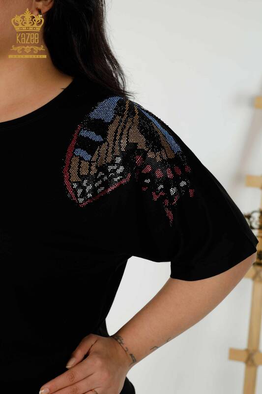Bluză de damă cu ridicata cu model fluture negru - 79154 | KAZEE