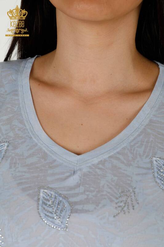 Bluză cu ridicata pentru femei cu frunze Indigo - 79135 | KAZEE