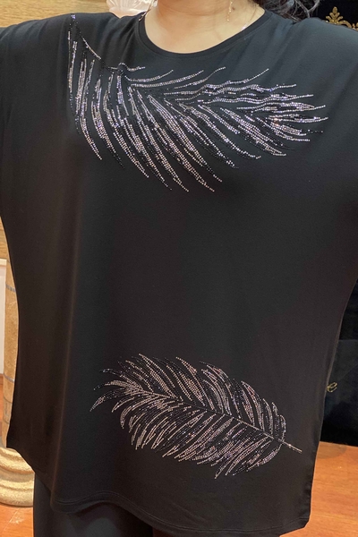 Bluză de damă cu ridicata cu model de frunze și pietre strălucitoare - 76664 | Kazee - Thumbnail