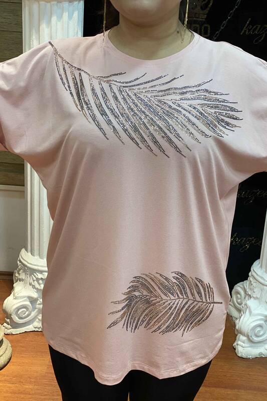 Bluză de damă cu ridicata cu model de frunze și pietre strălucitoare - 76664 | Kazee