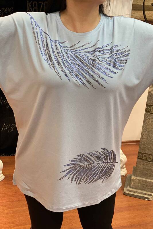 Bluză de damă cu ridicata cu model de frunze și pietre strălucitoare - 76664 | Kazee