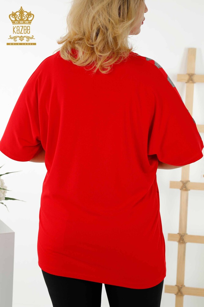 Bluză de damă cu mânecă scurtă cu model roșu - 79109 | KAZEE - 6