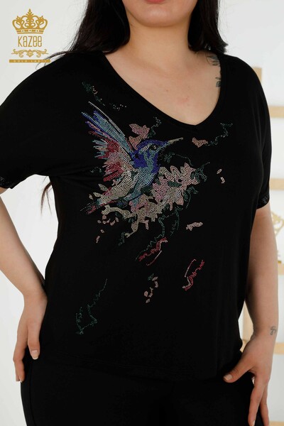 Bluză de damă cu ridicata cu model de păsări neagră - 79296 | KAZEE - Thumbnail