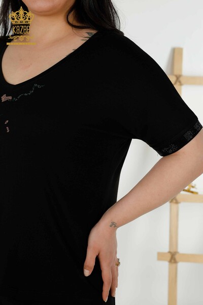Bluză de damă cu ridicata cu model de păsări neagră - 79296 | KAZEE - Thumbnail