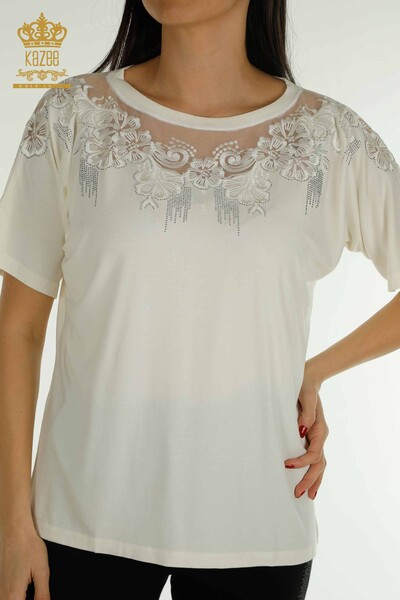 Bluză de damă cu ridicata - Floral Model - Ecru - 79081 | KAZEE - Thumbnail