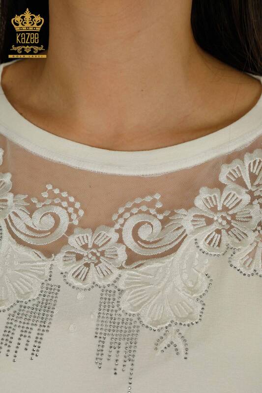 Bluză de damă cu ridicata - Floral Model - Ecru - 79081 | KAZEE