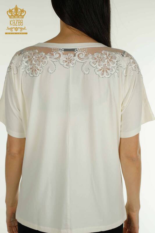 Bluză de damă cu ridicata - Floral Model - Ecru - 79081 | KAZEE