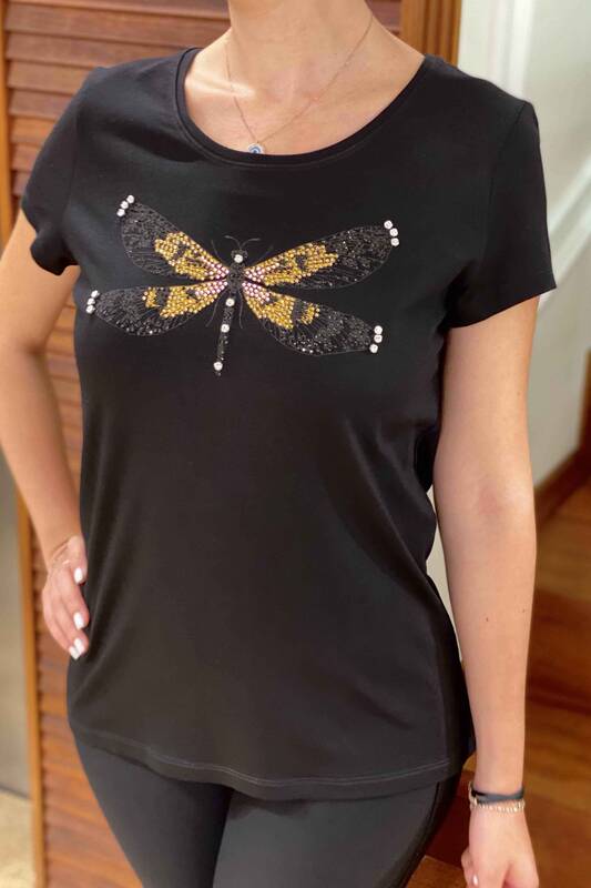 Bluză de damă cu ridicata cu model libelule, brodate cu piatră - 76735 | KAZEE