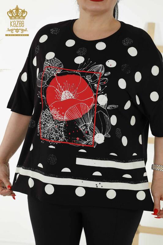 Bluză de damă cu mânecă scurtă cu model negru - 79060 | KAZEE