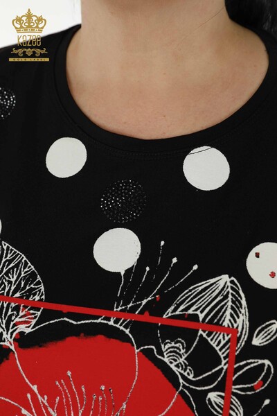 Bluză de damă cu mânecă scurtă cu model negru - 79060 | KAZEE - Thumbnail