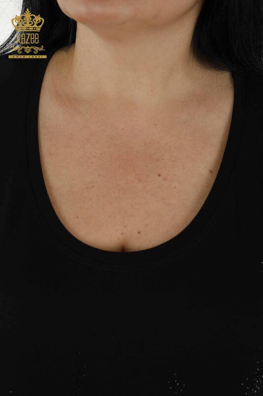 Bluză de damă cu mânecă scurtă cu model negru - 79070 | KAZEE