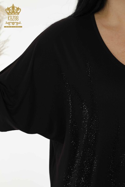 Bluză de damă cu mânecă scurtă cu model negru - 79070 | KAZEE - Thumbnail