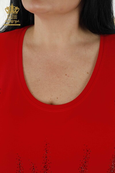 Bluză de damă cu mânecă scurtă cu model roșu - 79070 | KAZEE - Thumbnail