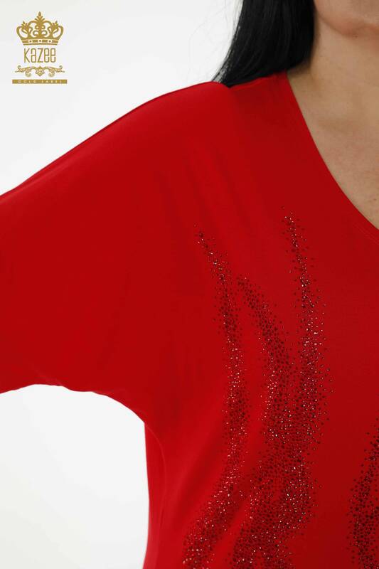 Bluză de damă cu mânecă scurtă cu model roșu - 79070 | KAZEE