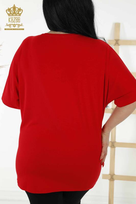 Bluză de damă cu mânecă scurtă cu model roșu - 79070 | KAZEE