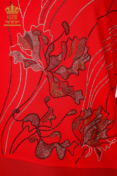 Bluză de damă cu ridicata din tul cu model detaliat roșu - 79027 | KAZEE - Thumbnail