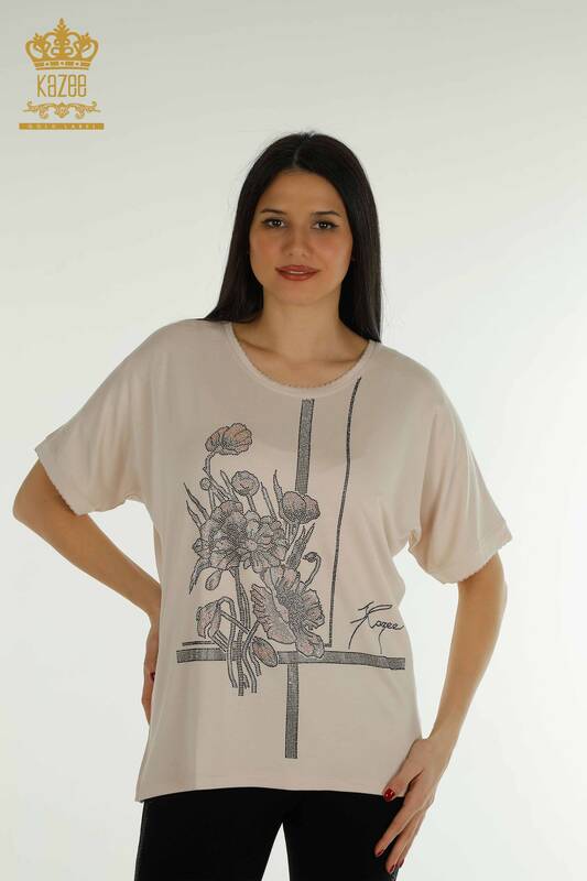 Bluză de damă cu ridicata - Cu modele florale - bej - 79306 | KAZEE