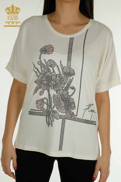 Bluză de damă cu ridicata - Motiv floral - Ecru - 79306 | KAZEE - Thumbnail