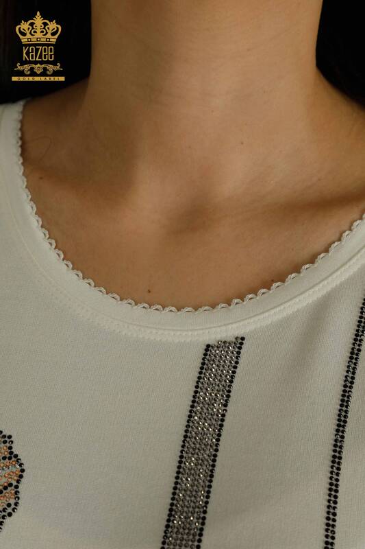 Bluză de damă cu ridicata - Motiv floral - Ecru - 79306 | KAZEE