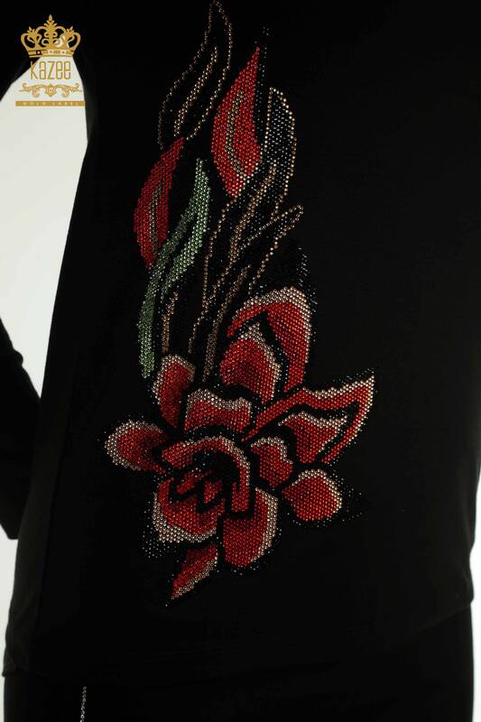 Bluză de damă cu ridicata cu model trandafir neagră - 79378 | KAZEE