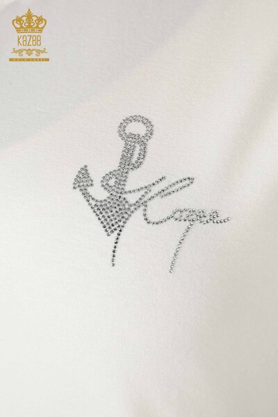 Bluză de damă cu ridicata cu decolteu în V cu piatră brodata Ecru - 78931 | KAZEE - Thumbnail