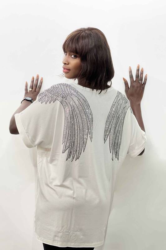 Bluză de damă cu aripi și gât rotund detaliat - 77797 | kazee