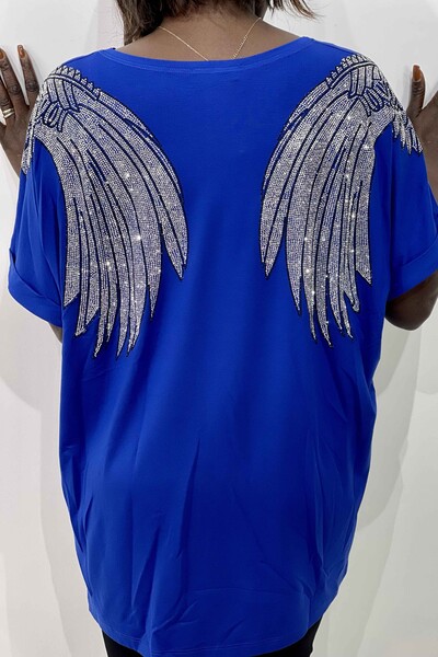 Bluză de damă cu aripi și gât rotund detaliat - 77797 | kazee - Thumbnail