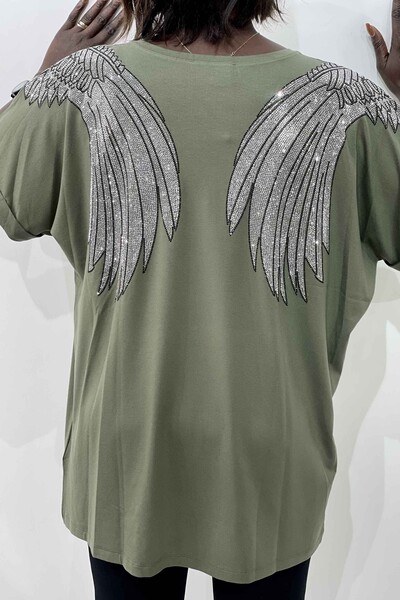 Bluză de damă cu aripi și gât rotund detaliat - 77797 | kazee - Thumbnail