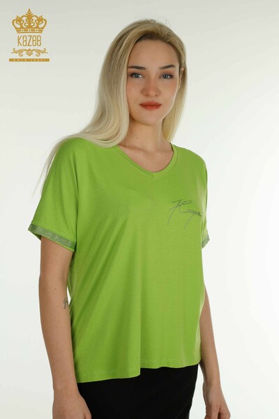 Bluză cu ridicata pentru femei - Detaliată cu nasturi - Verde fistic - 79297 | KAZEE - Thumbnail