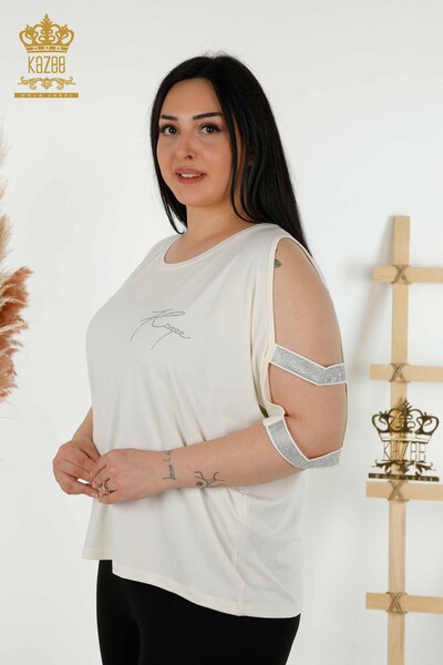 Bluză de damă cu ridicata detaliată pe umeri Ecru - 79108 | KAZEE - Thumbnail