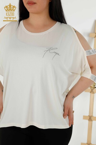 Bluză de damă cu ridicata detaliată pe umeri Ecru - 79108 | KAZEE - Thumbnail