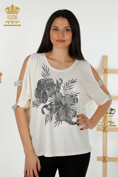 Bluză de damă cu ridicata detaliată pe umeri Ecru - 79289 | KAZEE - Thumbnail