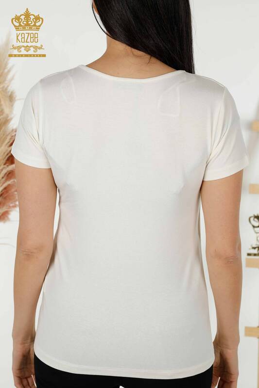 Bluză de damă cu ridicata detaliată pe umeri Ecru - 79220 | KAZEE
