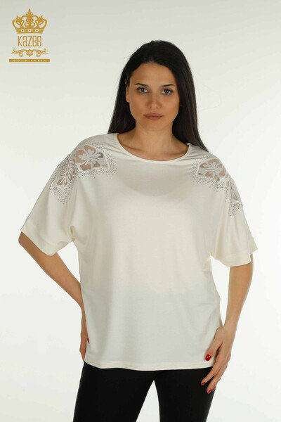 Bluză de damă cu ridicata - Detaliată pe umeri - Ecru - 79527 | Kazee - Thumbnail