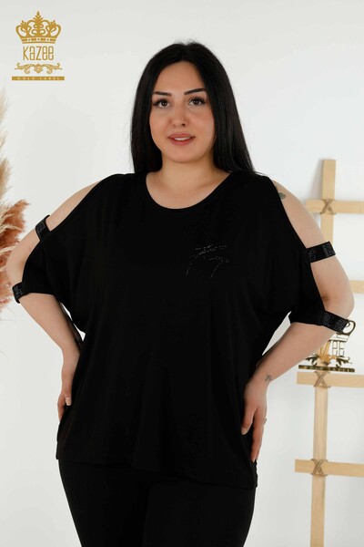 Bluză de damă cu ridicata cu detaliu pe umeri Negru - 79108 | KAZEE - Thumbnail