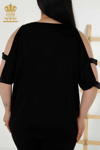 Bluză de damă cu ridicata cu detaliu pe umeri Negru - 79108 | KAZEE - Thumbnail