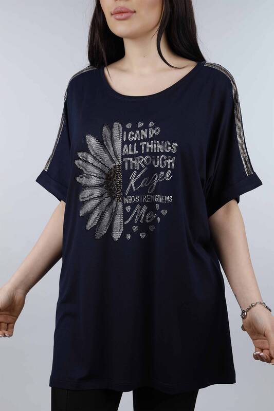 Bluză de damă cu ridicata, cu flori și text, cu gât crew - 77743 | KAZEE