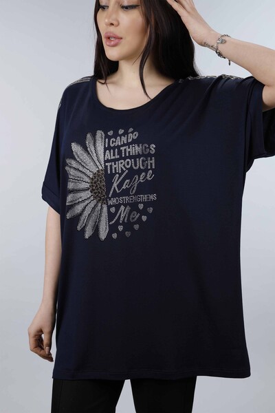 Bluză de damă cu ridicata, cu flori și text, cu gât crew - 77743 | KAZEE - Thumbnail