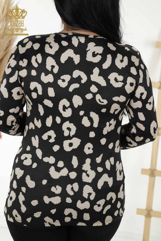 Bluză de damă cu ridicata imprimare digitală negru bej - 77770 | KAZEE
