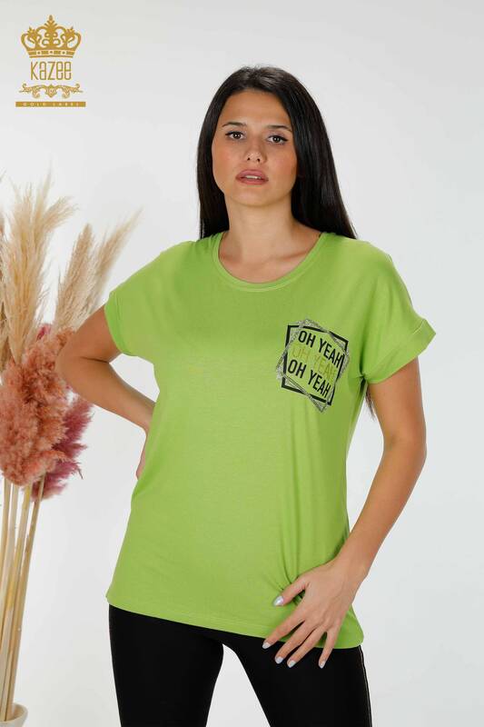 Bluză de damă cu ridicata cu detaliu text Verde fistic - 78955 | KAZEE