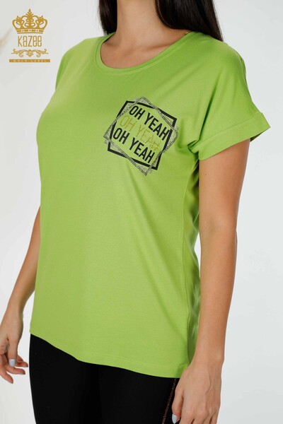 Bluză de damă cu ridicata cu detaliu text Verde fistic - 78955 | KAZEE - Thumbnail