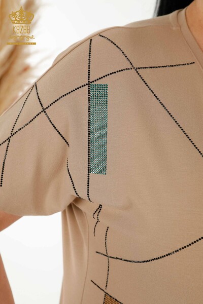 Bluză cu mânecă scurtă pentru femei Bej - 79288 | KAZEE - Thumbnail