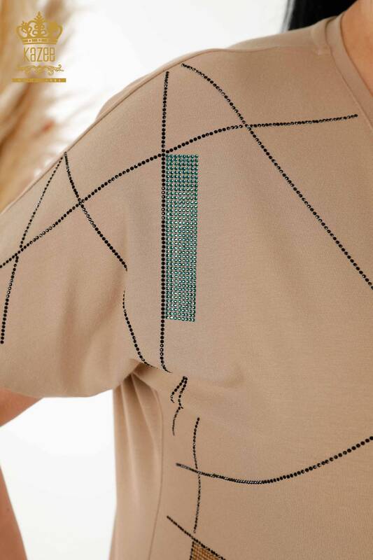 Bluză cu mânecă scurtă pentru femei Bej - 79288 | KAZEE