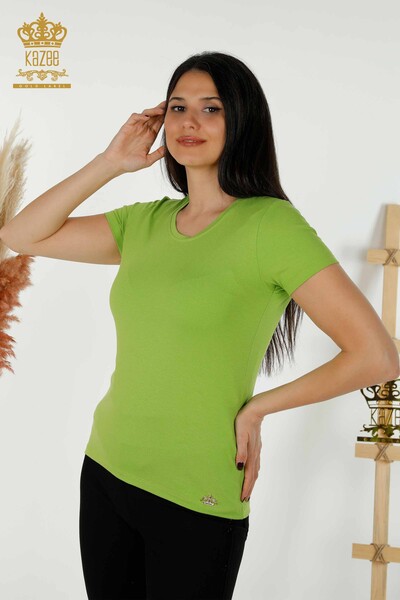 Bluză de damă cu mânecă scurtă cu ridicata Verde fistic de bază - 79287 | KAZEE - Thumbnail