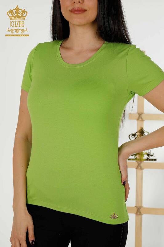 Bluză de damă cu mânecă scurtă cu ridicata Verde fistic de bază - 79287 | KAZEE