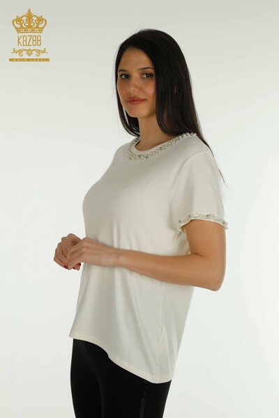 Bluză de damă cu mânecă scurtă Ecru - 79197 | KAZEE - Thumbnail