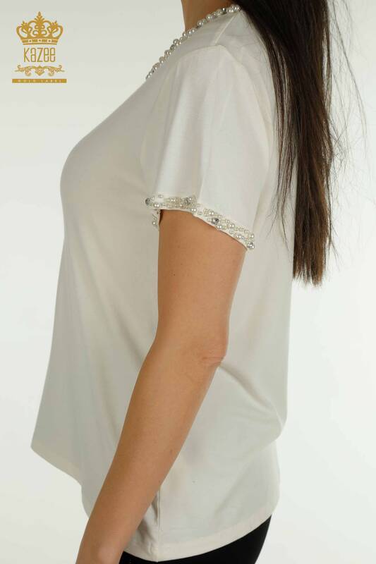 Bluză de damă cu mânecă scurtă Ecru - 79197 | KAZEE