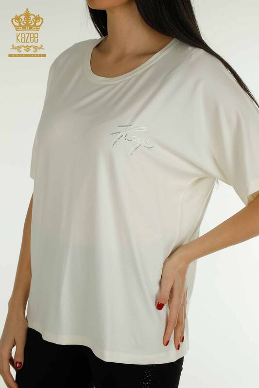 Bluză cu mânecă scurtă pentru femei Ecru - 79302 | KAZEE
