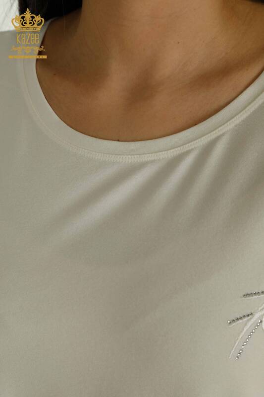 Bluză cu mânecă scurtă pentru femei Ecru - 79302 | KAZEE